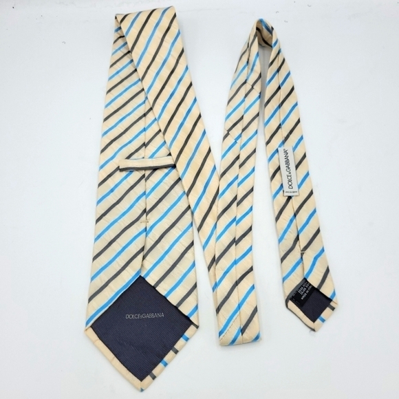 DOLCE & GABBANA Vintage SilK Cream Shimmery and Turquoise Stripped Tie - Picture 2 of 15